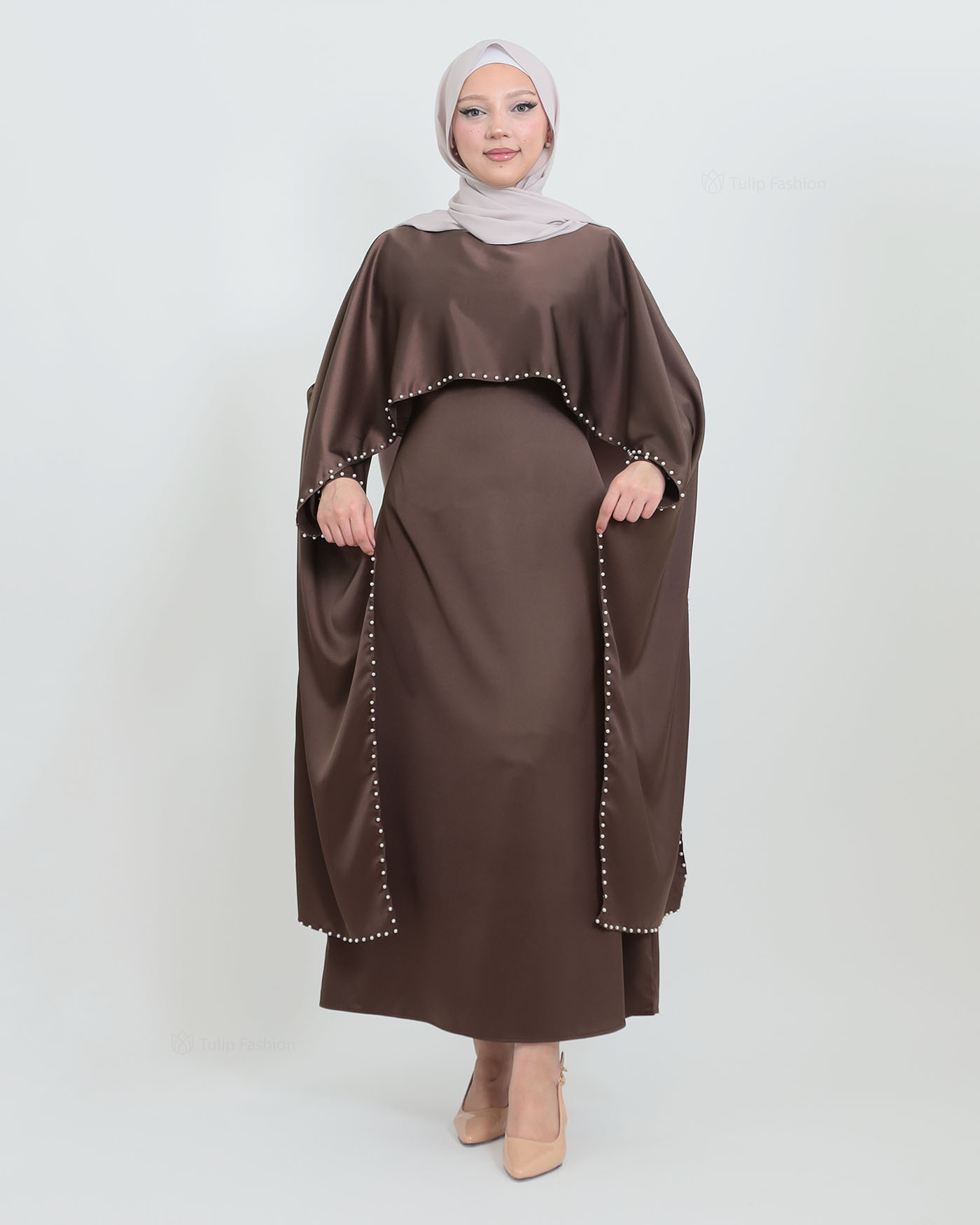 Maxi Dress with Cape - Brown - 9