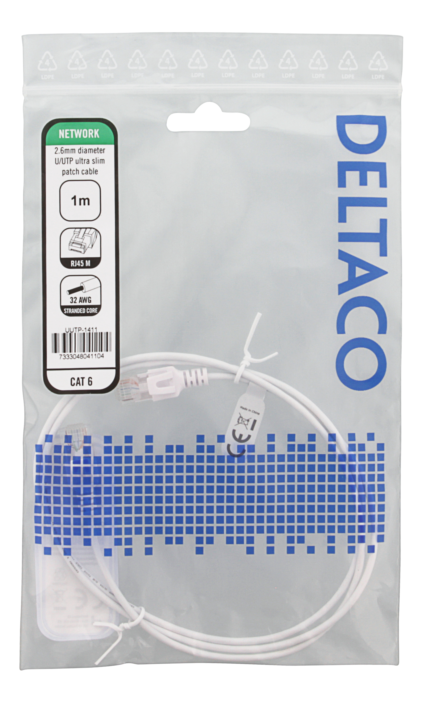 Deltaco Ultra Slim U/UTP Cat.6 patchkabel, 2.6mm, 1m, vit - 2