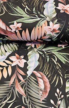 Black with green and pink leaves - swimwear fabric 