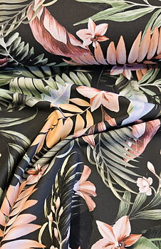 Black with green and pink leaves - swimwear fabric 