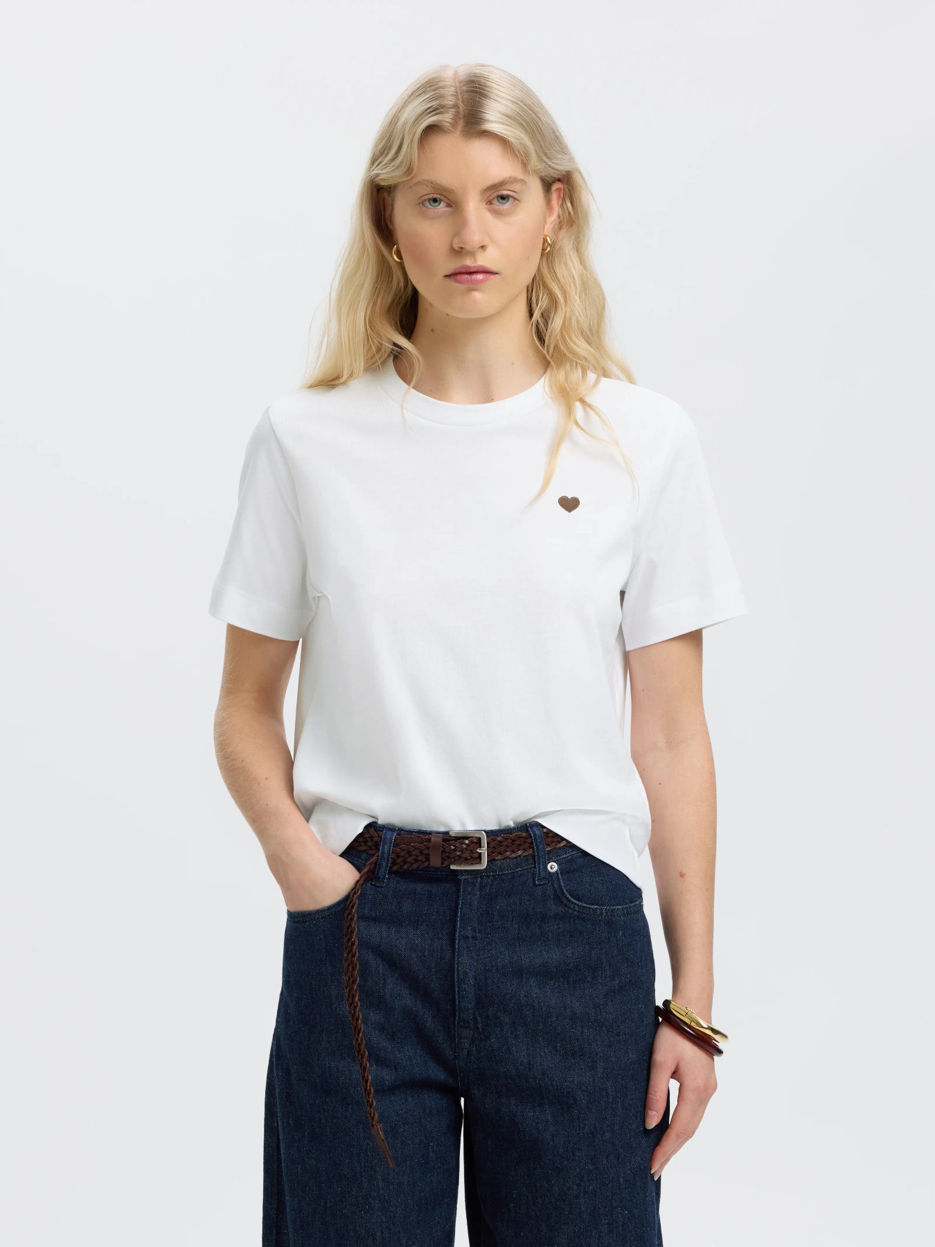 SLFELLA SS EMB BOXY TEE FT Bright White Brown Heart EMB - 3