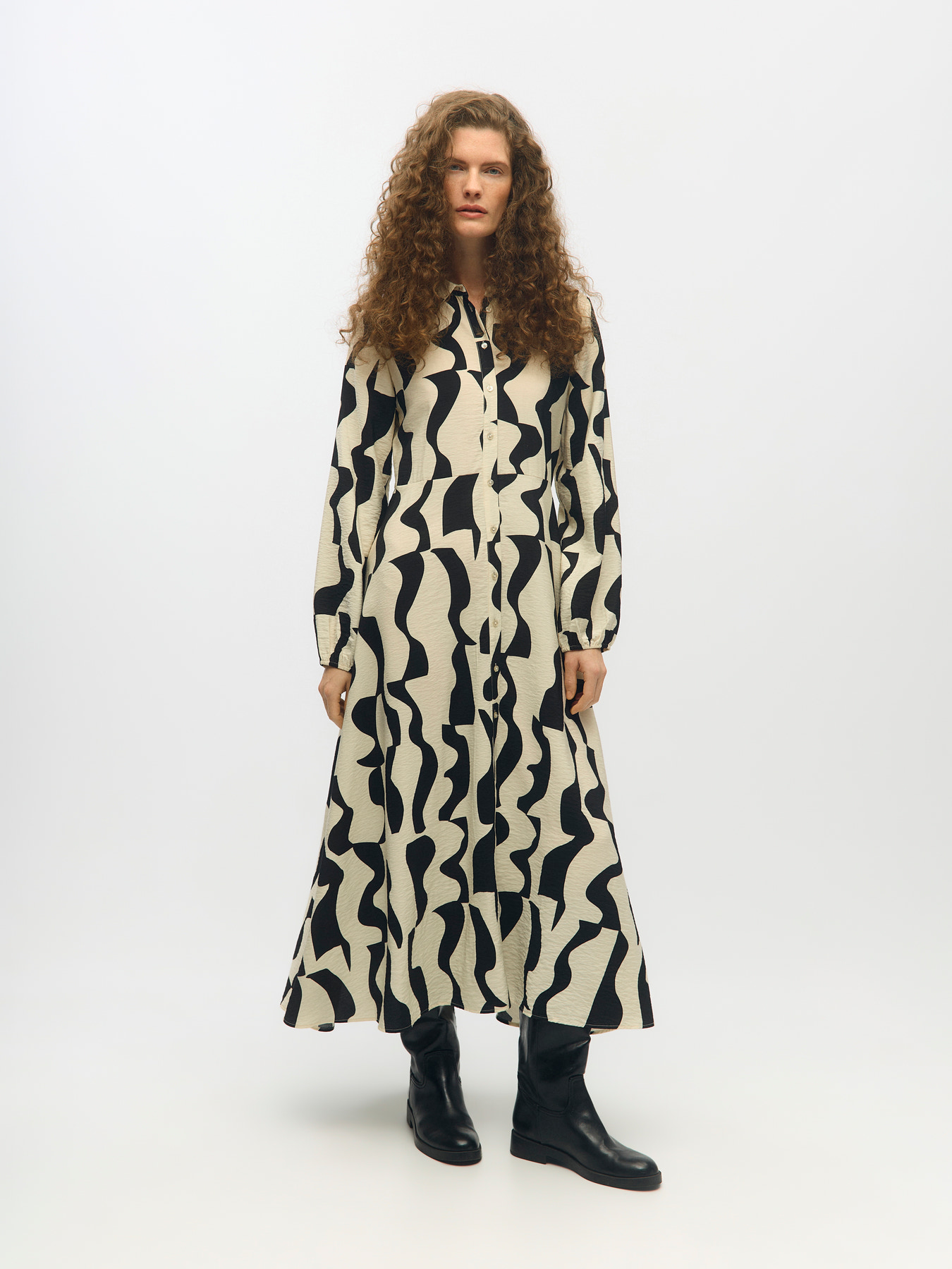 OBJJACIRA LS LONG SHIRT DRESS NOOS Birch Black graph pattern - 6