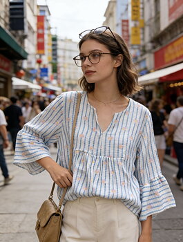 Blouse stripes/flowers light blue