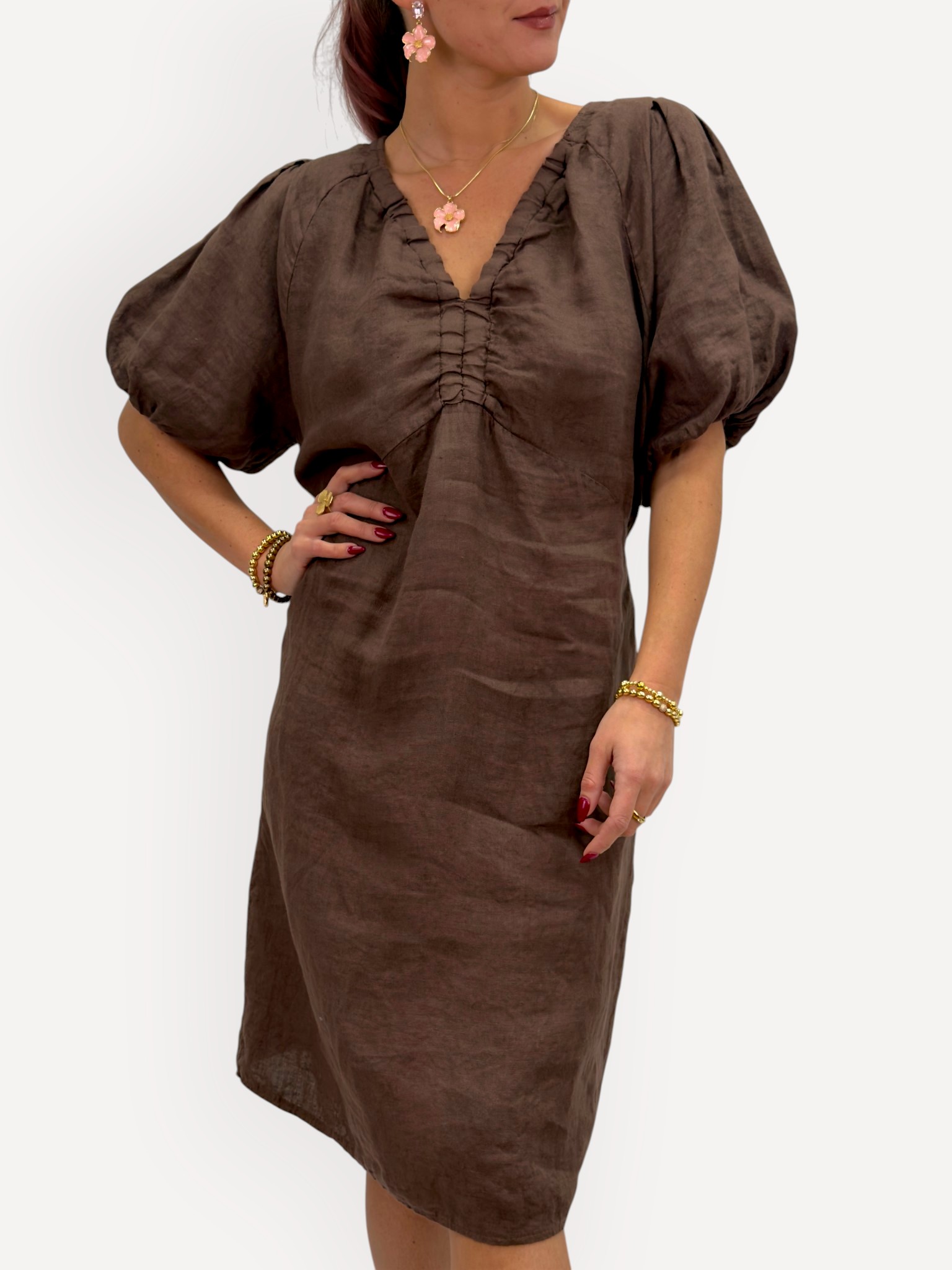 Linen dress with puff sleeves