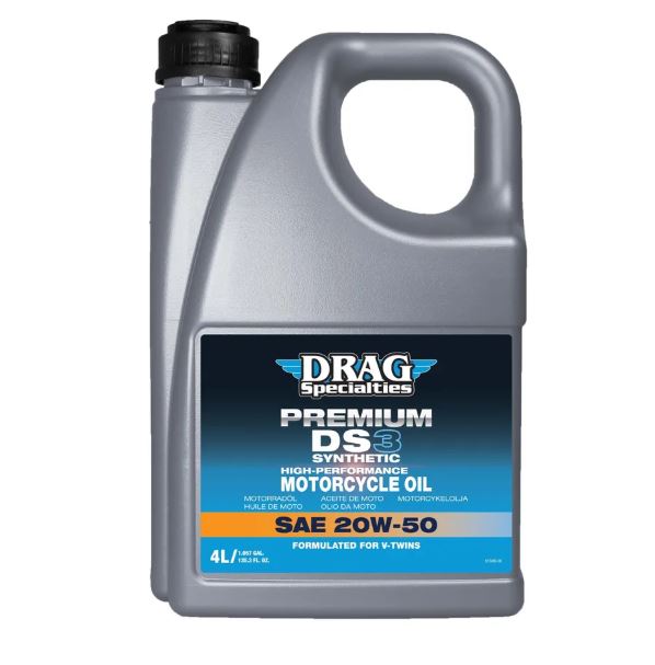 DRAG Specialties Helsyntetisk Motorolja 20W-50 4L – 3-i-1 Harley-Davidson (Motor/Transmission/Primär, API SL, JASO MA2)