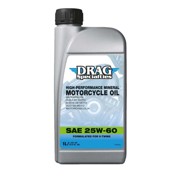DRAG Specialties Motorolja 25W-60 1L – Mineralolja för Harley-Davidson (API CI-4, SL, JASO MA2)