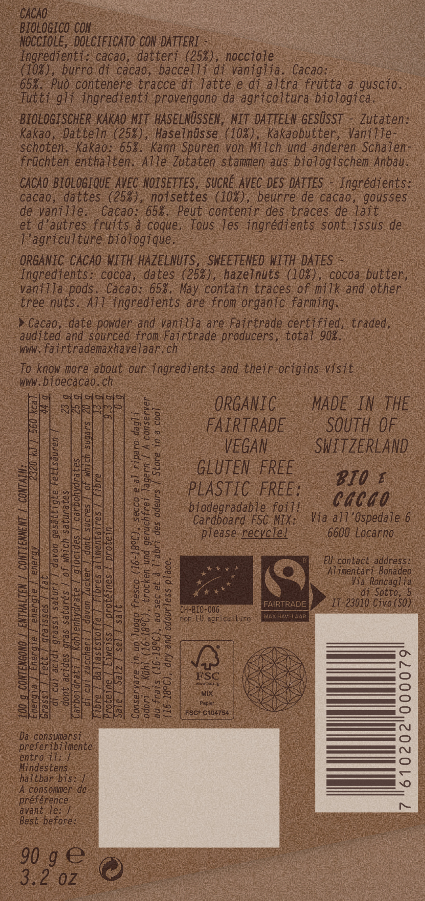 Vegan Cacao & Dates Hazelnut 65 % 90g - 2