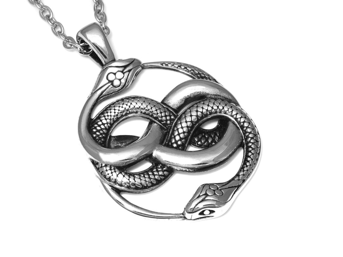 Ouroboros Halsband i Rostfritt Stål, Evighetstecken Hänge, Evighetssymbol Dubbel Orm Smycke