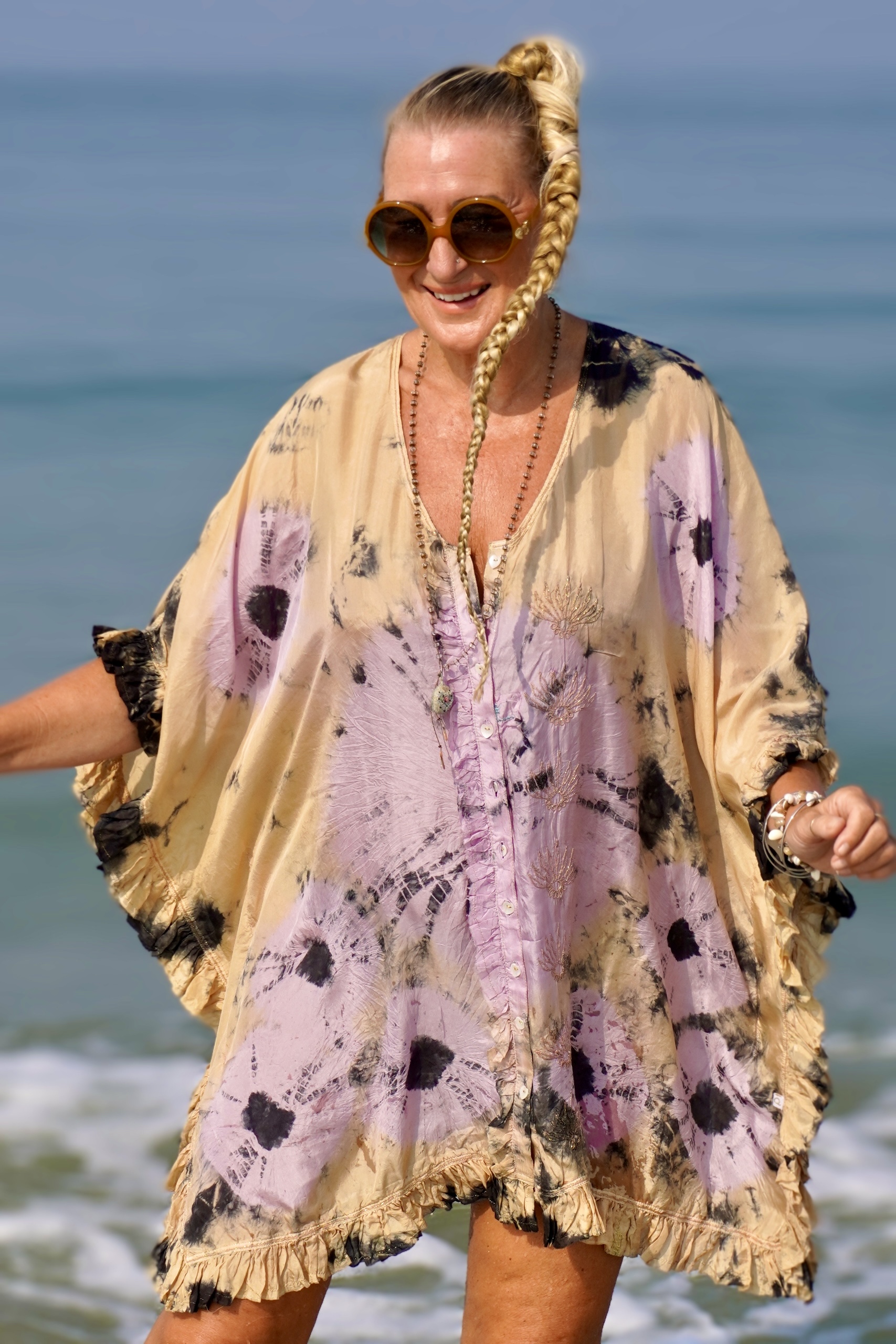 FAMI SHORT SILK  KAFTAN BEIGE LILAC - 4