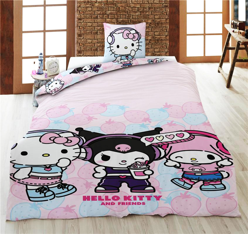 Hello Kitty and Friends Bäddset Strawberry - Påslakan och Örngott 140 x 200 cm - Vändbart, 100% Polybomull - 3