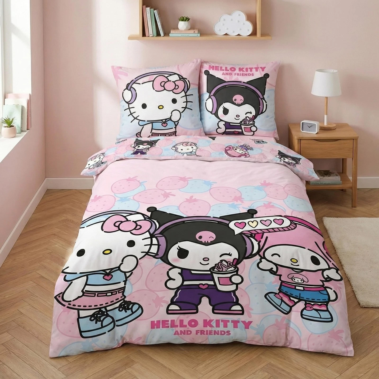 Hello Kitty and Friends Bäddset Strawberry - Påslakan och Örngott 140 x 200 cm - Vändbart, 100% Polybomull