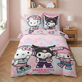 Hello Kitty and Friends Bäddset Strawberry - Påslakan och Örngott 140 x 200 cm - Vändbart, 100% Polybomull