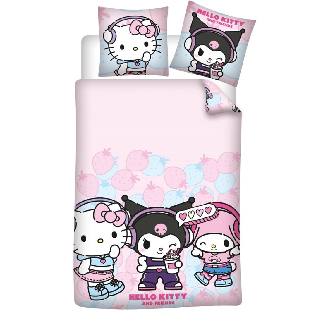 Hello Kitty and Friends Bäddset Strawberry - Påslakan och Örngott 140 x 200 cm - Vändbart, 100% Polybomull - 4