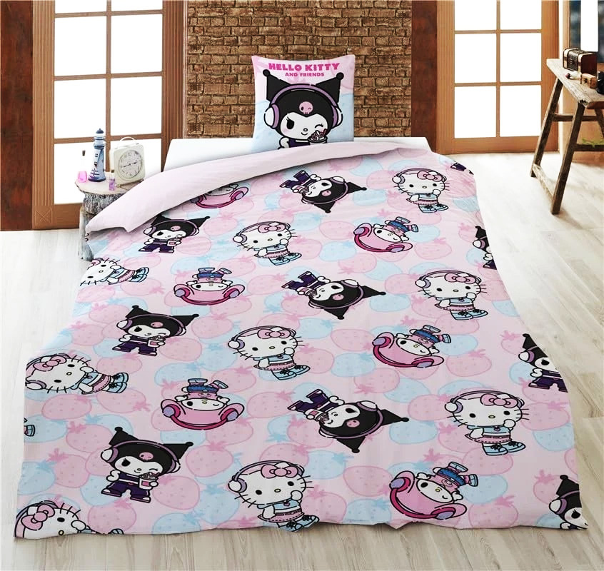 Hello Kitty and Friends Bäddset Strawberry - Påslakan och Örngott 140 x 200 cm - Vändbart, 100% Polybomull - 2