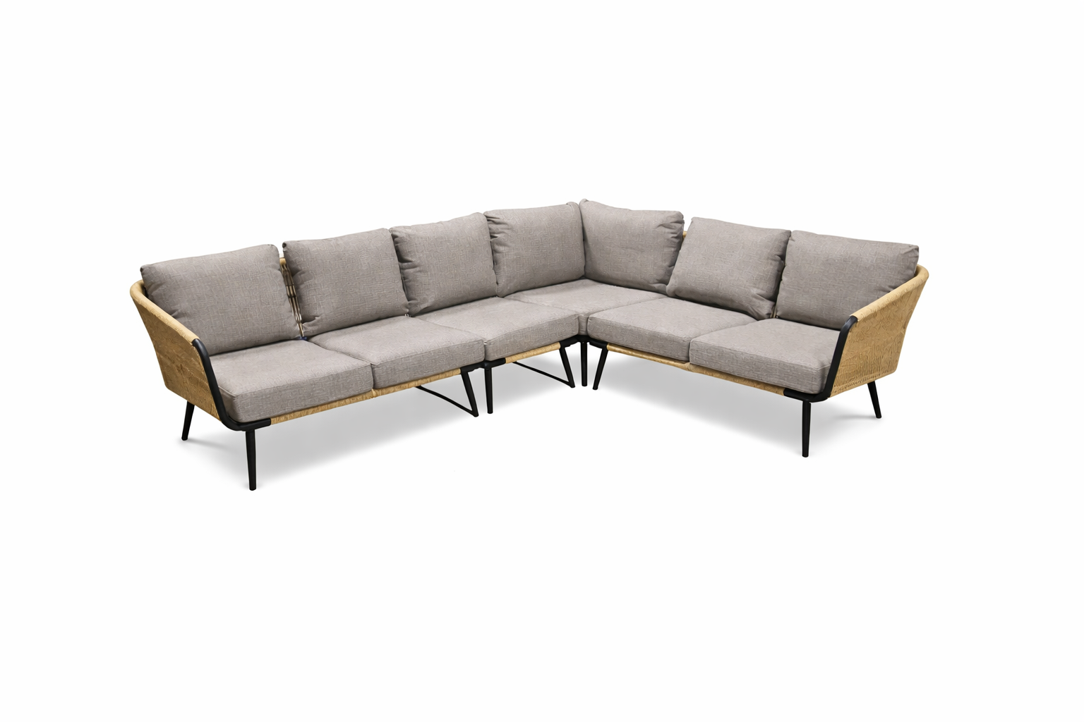 Vara hörnsoffa i antracit med stomme i aluminium, beige tvistad konstrotting och gråbeige dynor, frilagd mot ljus bakgrund.