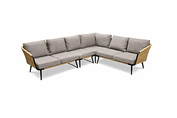 Vara hörnsoffa i antracit med stomme i aluminium, beige tvistad konstrotting och gråbeige dynor, frilagd mot ljus bakgrund.