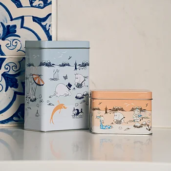 Mumin kaffeburk sommar – mumin plåtburk strandmotiv med Muminfamiljen & snäckor - 500 g