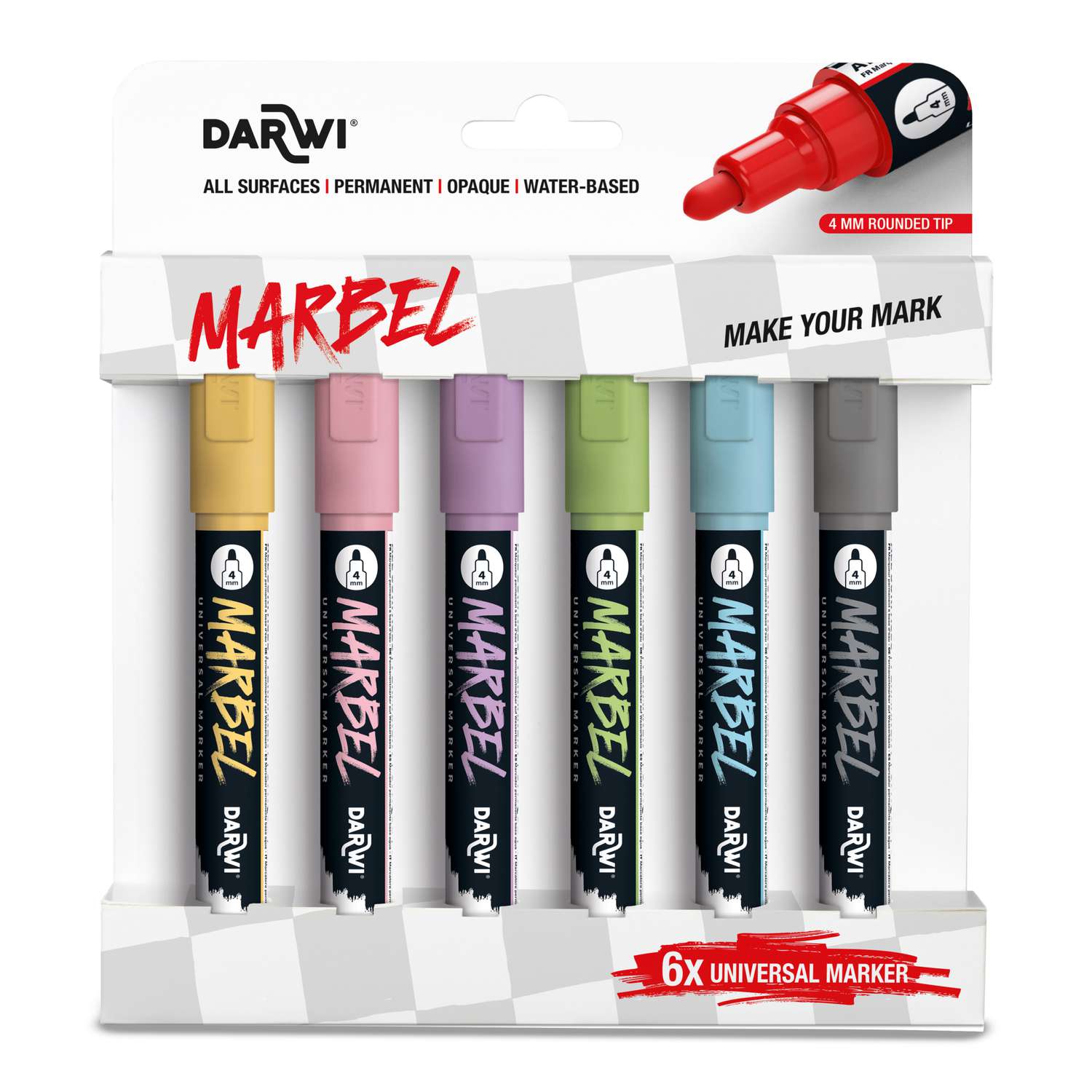 Marbel Set Of 6 Universal Markers Medium Round Tip 4mm Pastel