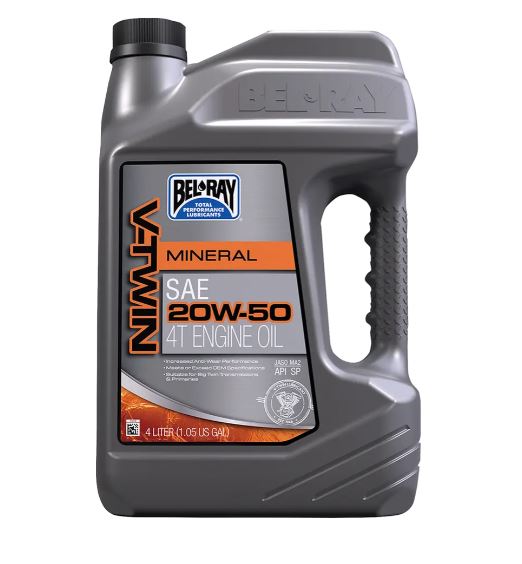 BEL-RAY V-Twin 4-Taktsolja 20W-50 4L – Mineral för Harley EVO, Twin Cam & M8 (JASO MA2, API SN)