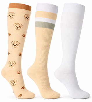 3-pack Sthlm Sock Co. stödstrumpor med hundmotiv, gula med vita och gröna ränder och enfärgade vita