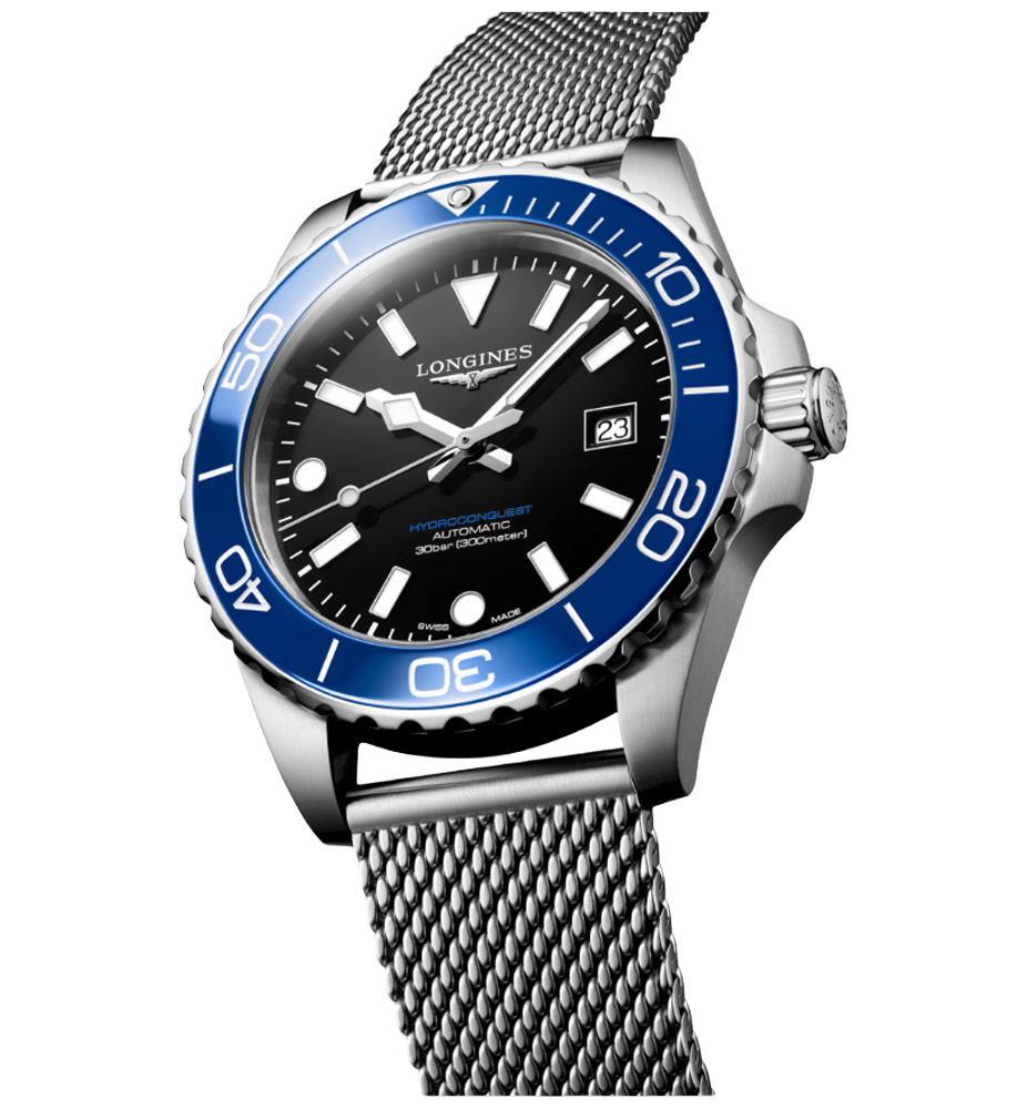 L3.779.4.90.6 Hydroconquest i 39 mm med lå och svart urtavla från Longines sidprofil