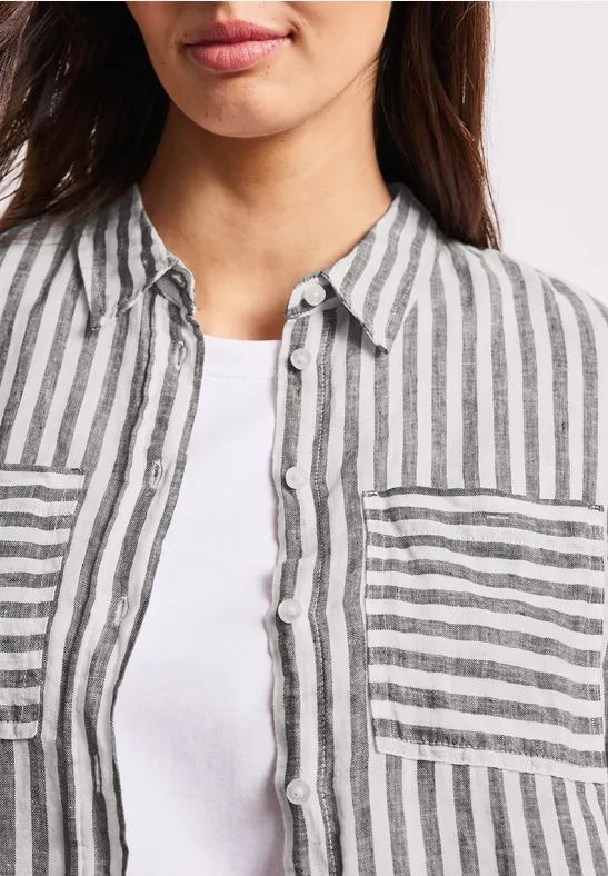Striped Shirtcollar Blouse Espresso Brown  Långärmad  linneskjortblus  - 5