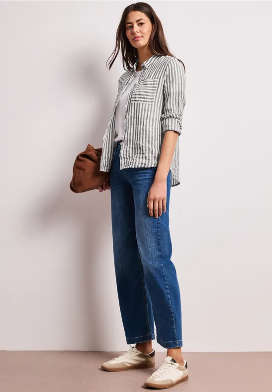 Striped Shirtcollar Blouse Espresso Brown  Långärmad  linneskjortblus  - 4