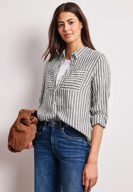 Striped Shirtcollar Blouse Espresso Brown  Långärmad  linneskjortblus  - 6