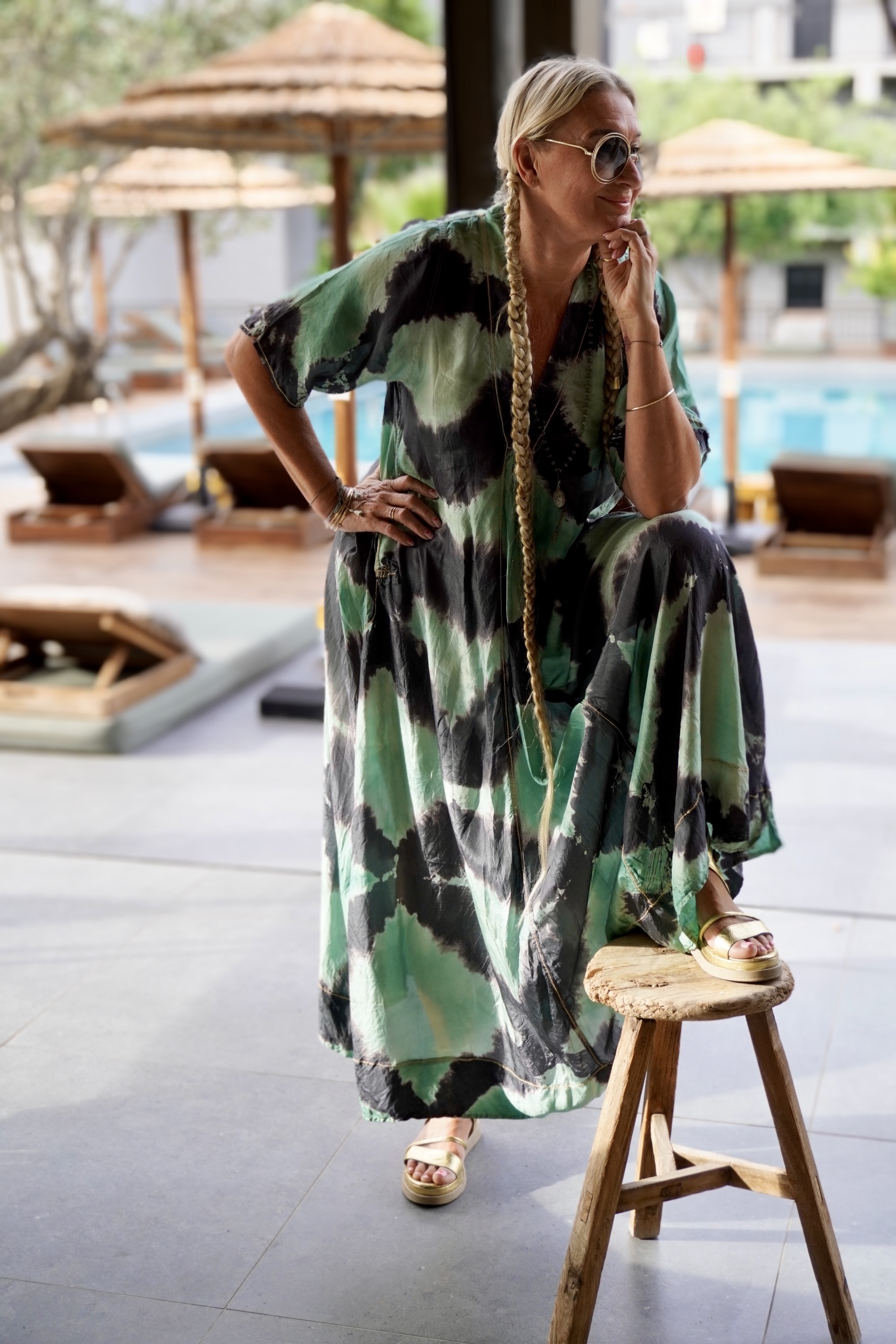BESSIE SILK BATIK MAXI DRESS CHARCOAL EMERALD 