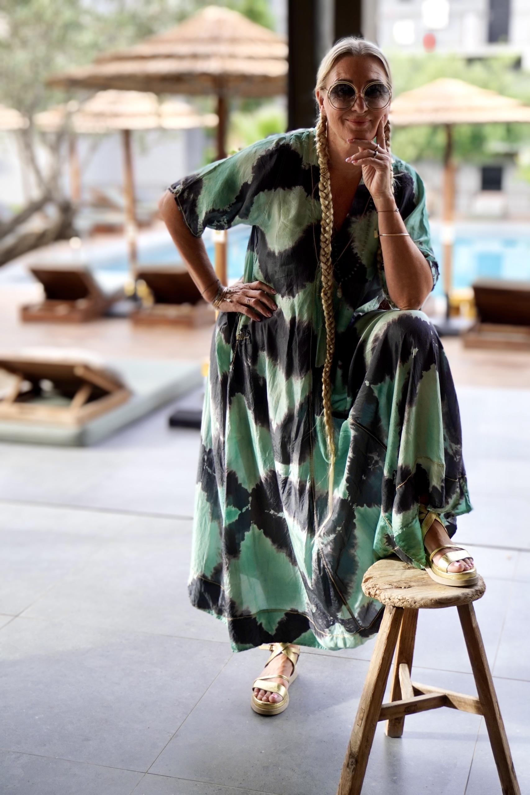 BESSIE SILK BATIK MAXI DRESS CHARCOAL EMERALD 