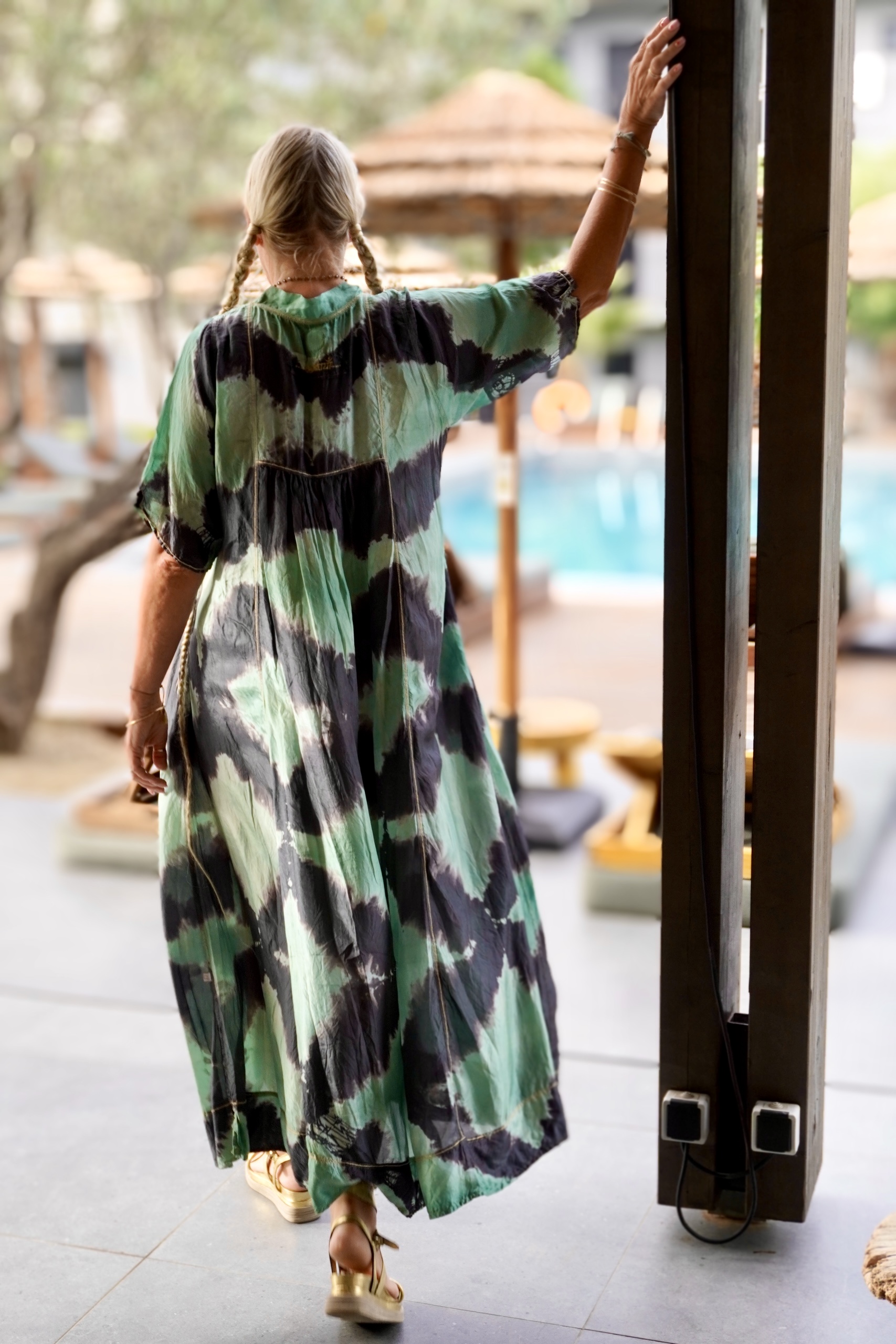 BESSIE SILK BATIK MAXI DRESS CHARCOAL EMERALD  - 5
