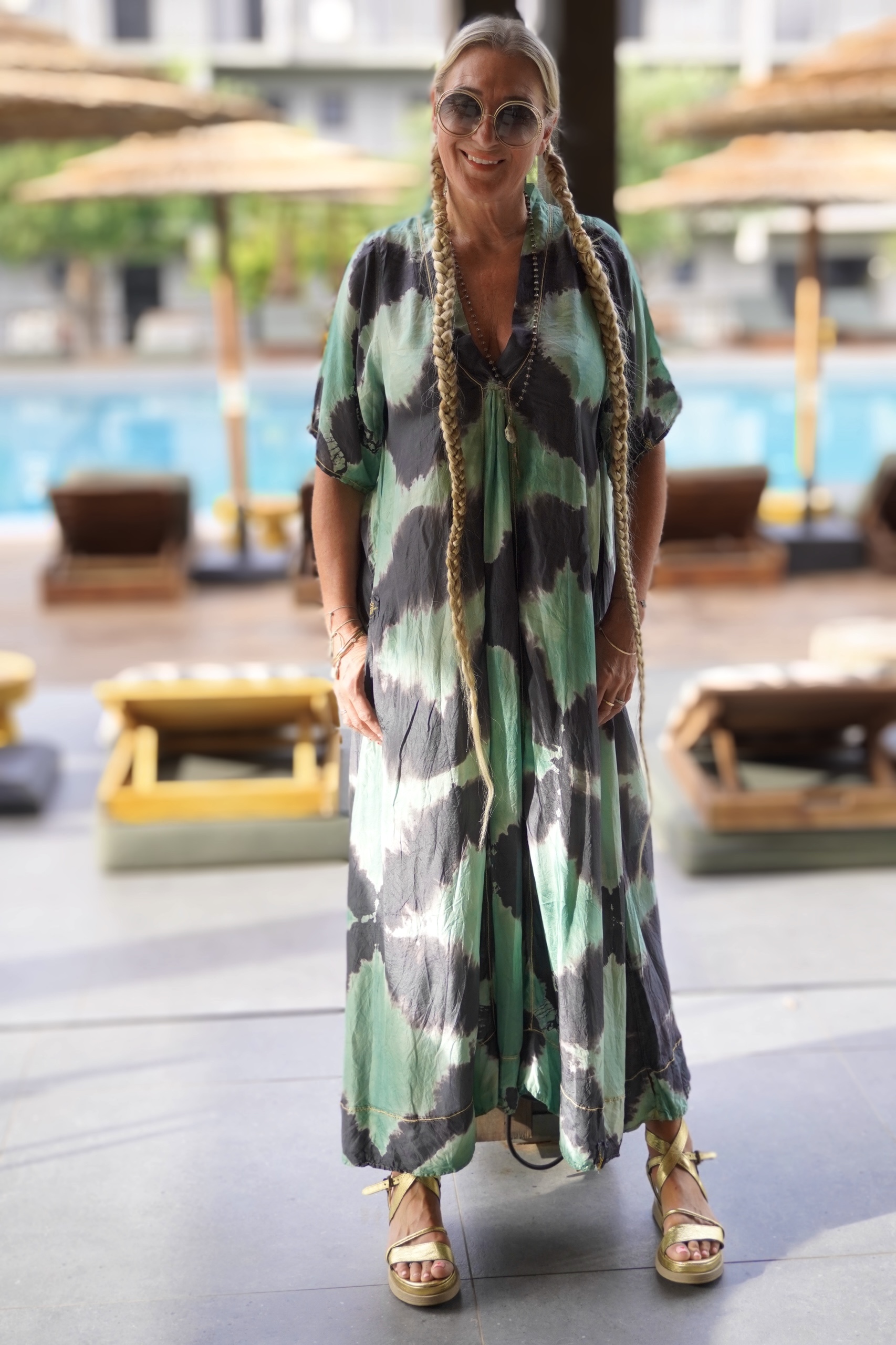 BESSIE SILK BATIK MAXI DRESS CHARCOAL EMERALD  - 3
