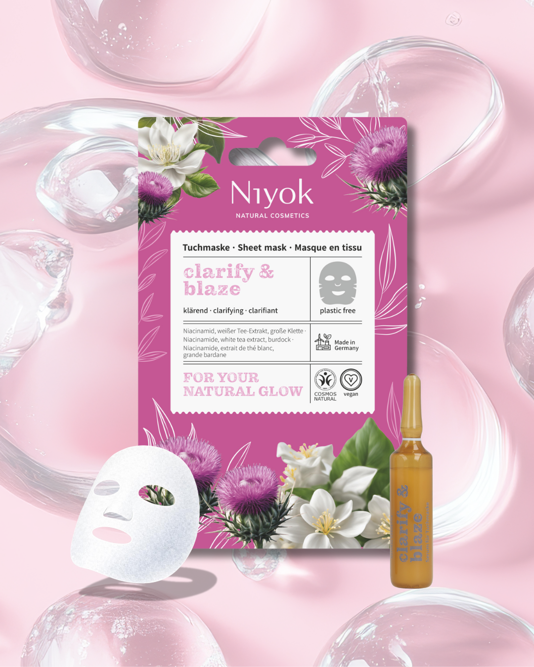 Niyok Clarifying Sheet Mask  - Clarify & Blaze med vattendroppar, mask och serum