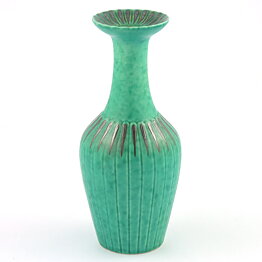 Wilhelm Kåge (Argenta 1940s) Green Bottle Vase with Silver Decor 17 cm
