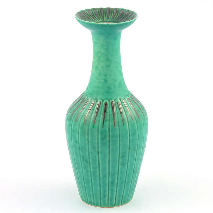 Wilhelm Kåge (Argenta 1940s) Green Bottle Vase with Silver Decor 17 cm