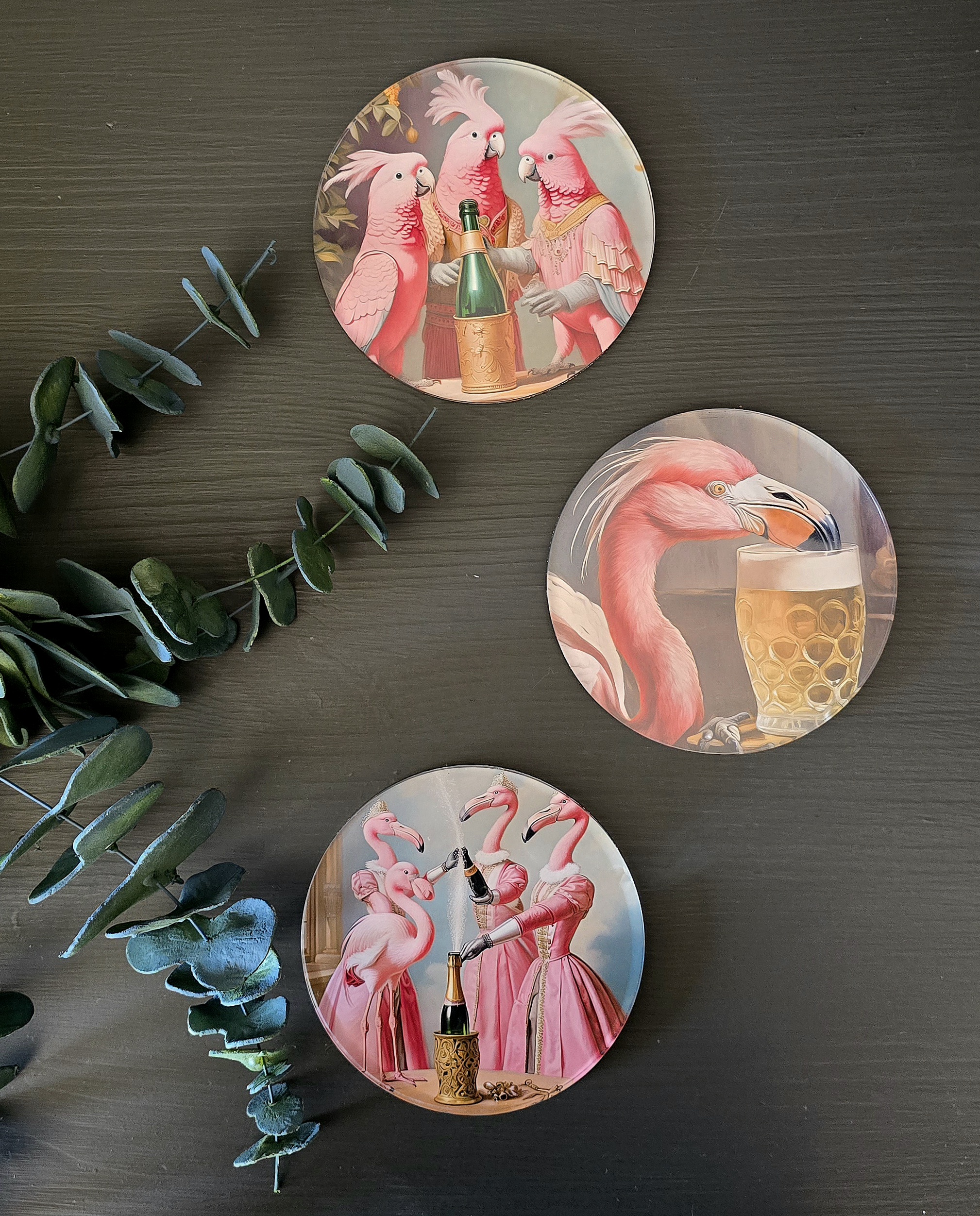 Glasunderlägg  Set om 3 - Pink Bird Trio