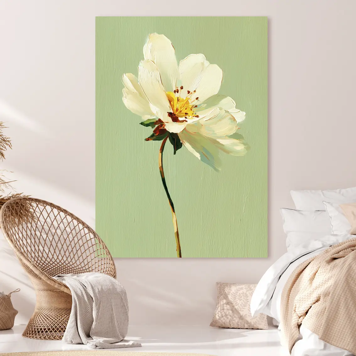 Leinwandbild mit weißer Wildblume im sanften Licht. Das Motiv zeigt eine zarte Blume vor hellem Hintergrund und schafft Ruhe.