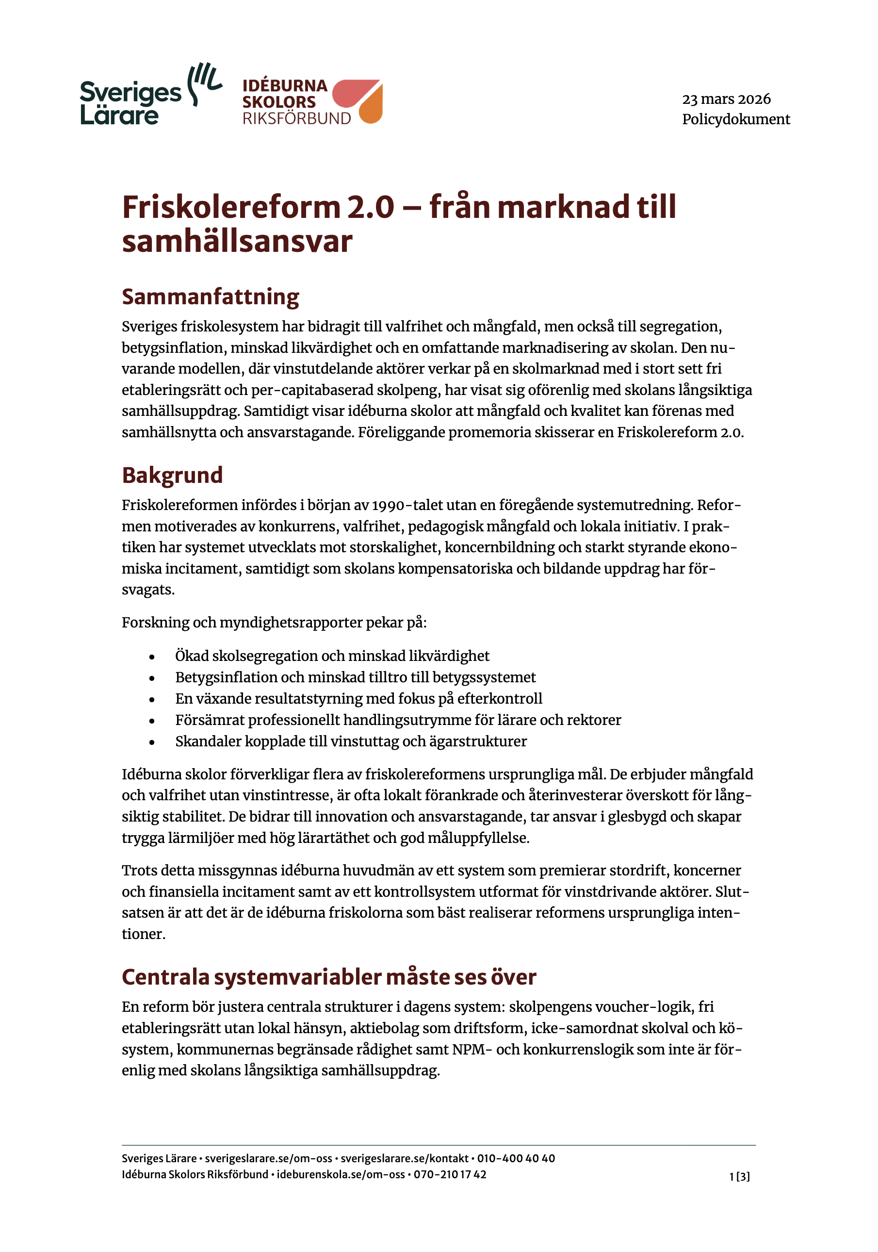 Friskolereform 2.0 – från marknad till samhällsansvar