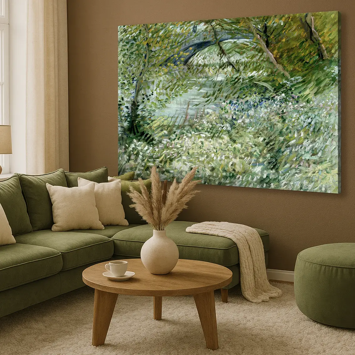 Leinwandbild mit canvas print from Van Gogh mit Flussufer im Frühlingsgrün. 