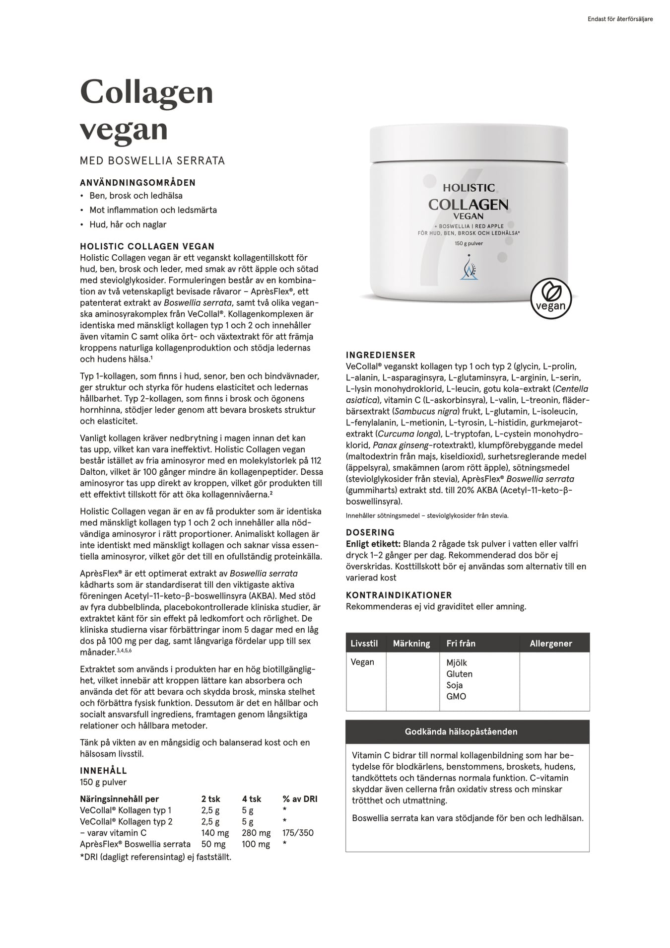 Collagen vegan + Boswellia, 150 g, Holistic - 2