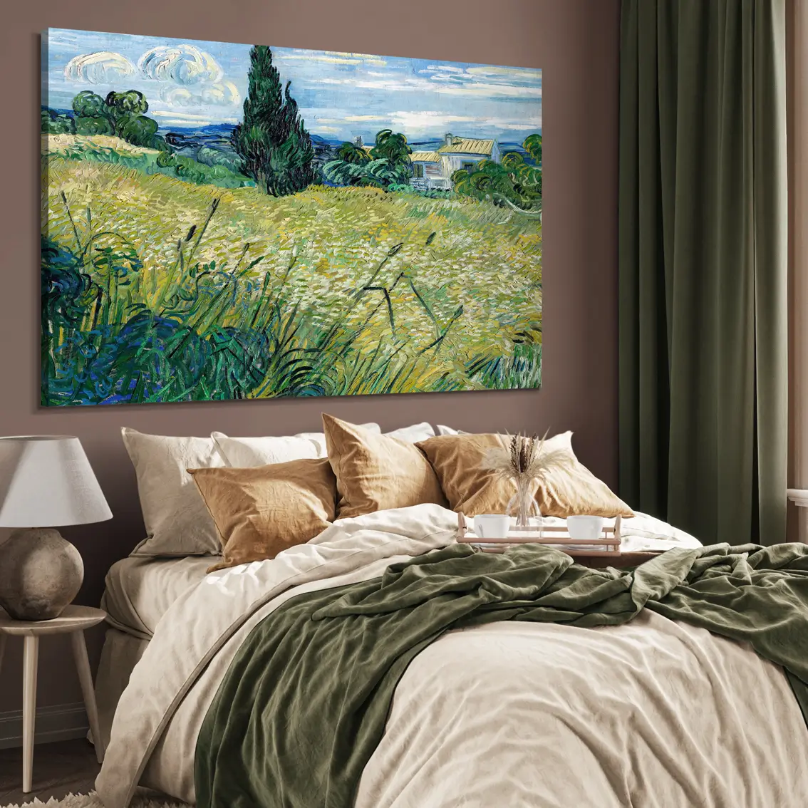 Leinwandbild mit Van Gogh mit grünem Weizenfeld und Zypresse.