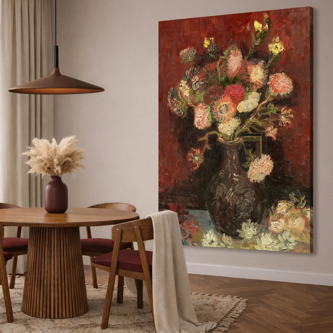 Leinwandbild mit canvas print from Van Gogh mit Blumen in dunkler Vase. Das Motiv zeigt kräftige Pinselstriche und tiefe Farben mit Energie und Eleganz.