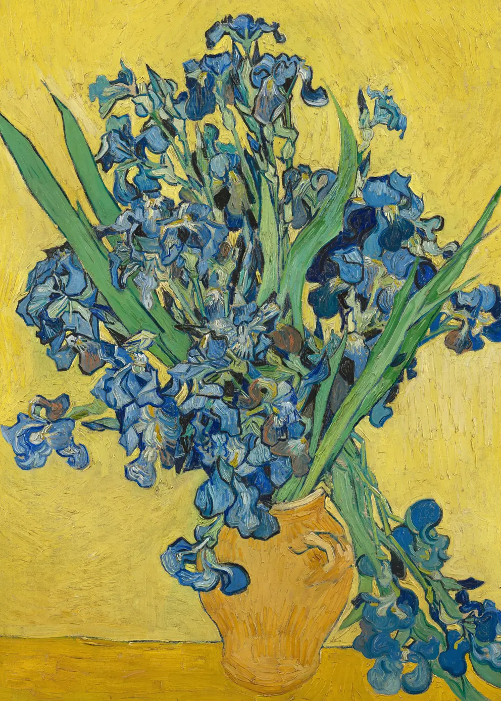 Leinwandbild - Vase with Irises Against a Yellow Background