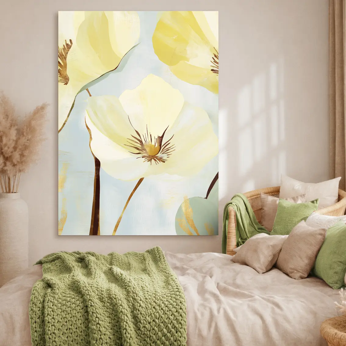 Leinwandbild mit sanften gelben Blüten in hellen Tönen.