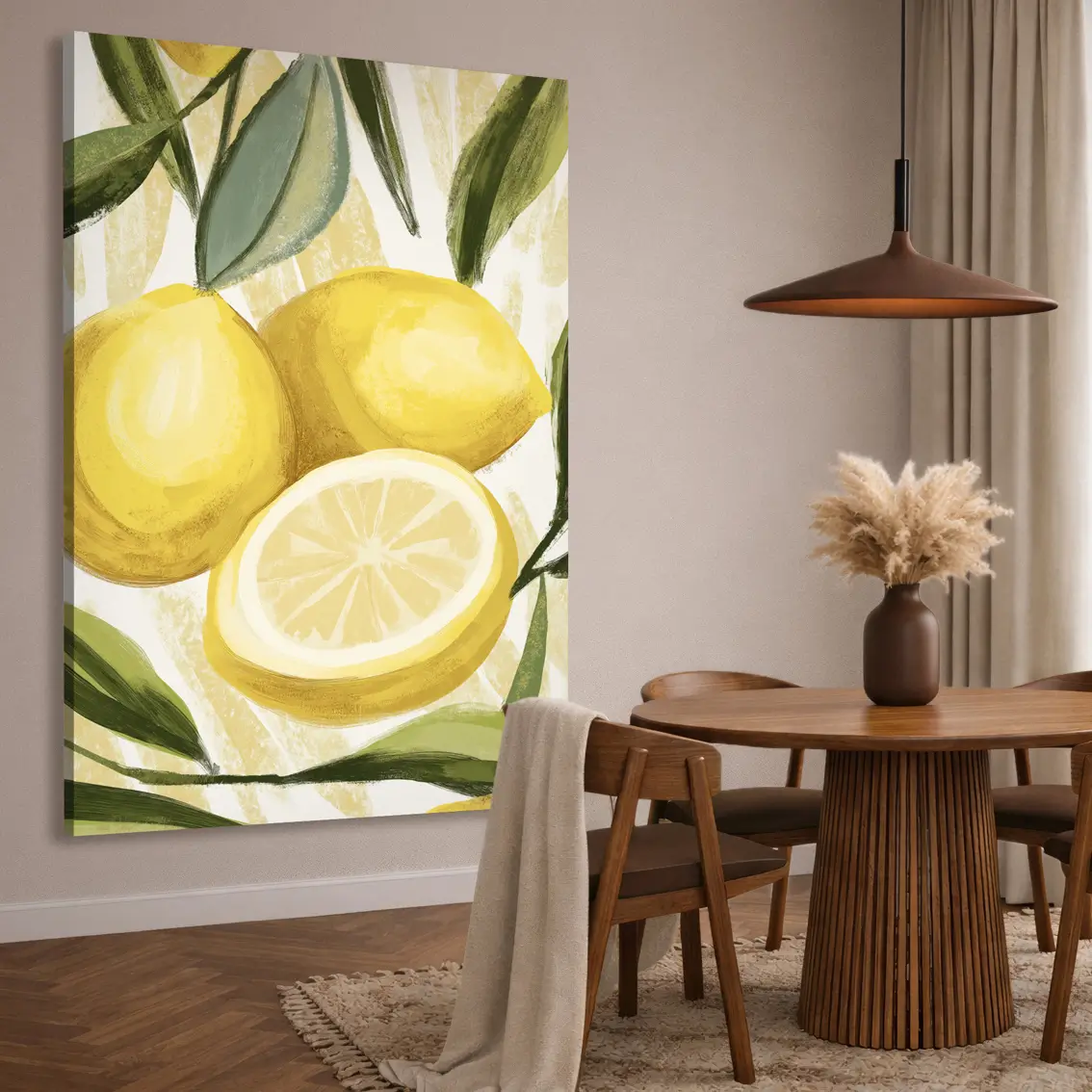 Leinwandbild mit Zitronen am Zweig in hellen Gelb- und Grüntönen.