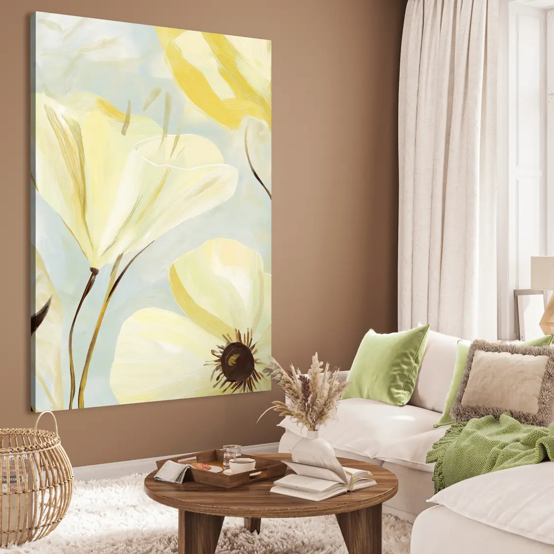 Leinwandbild mit gelben Blüten im sanften Licht. Das Motiv zeigt feine Blüten og harmonische Farben mit Wärme und Balance.