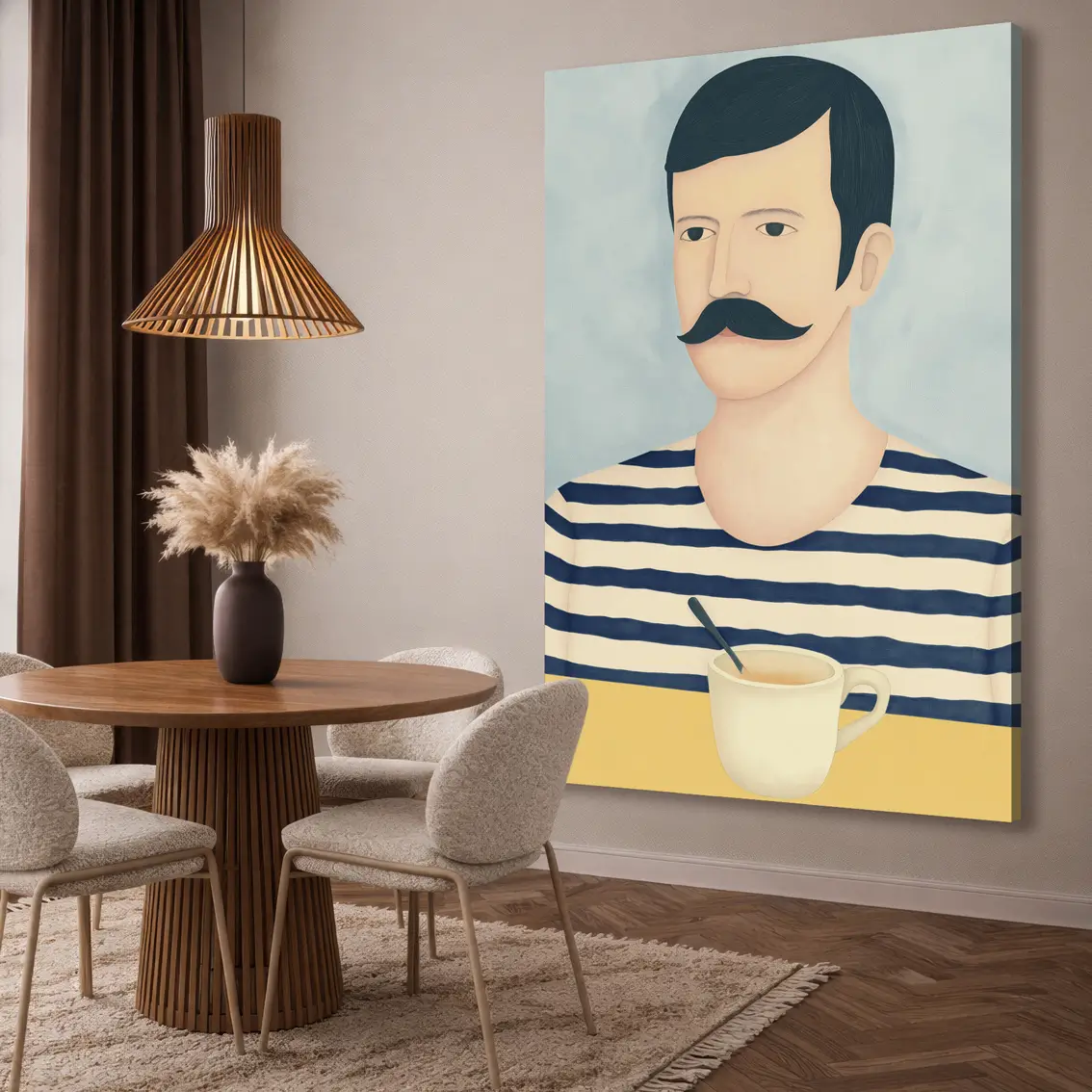Canvas prints featuring a stylized portrait of a man in a striped shirt.