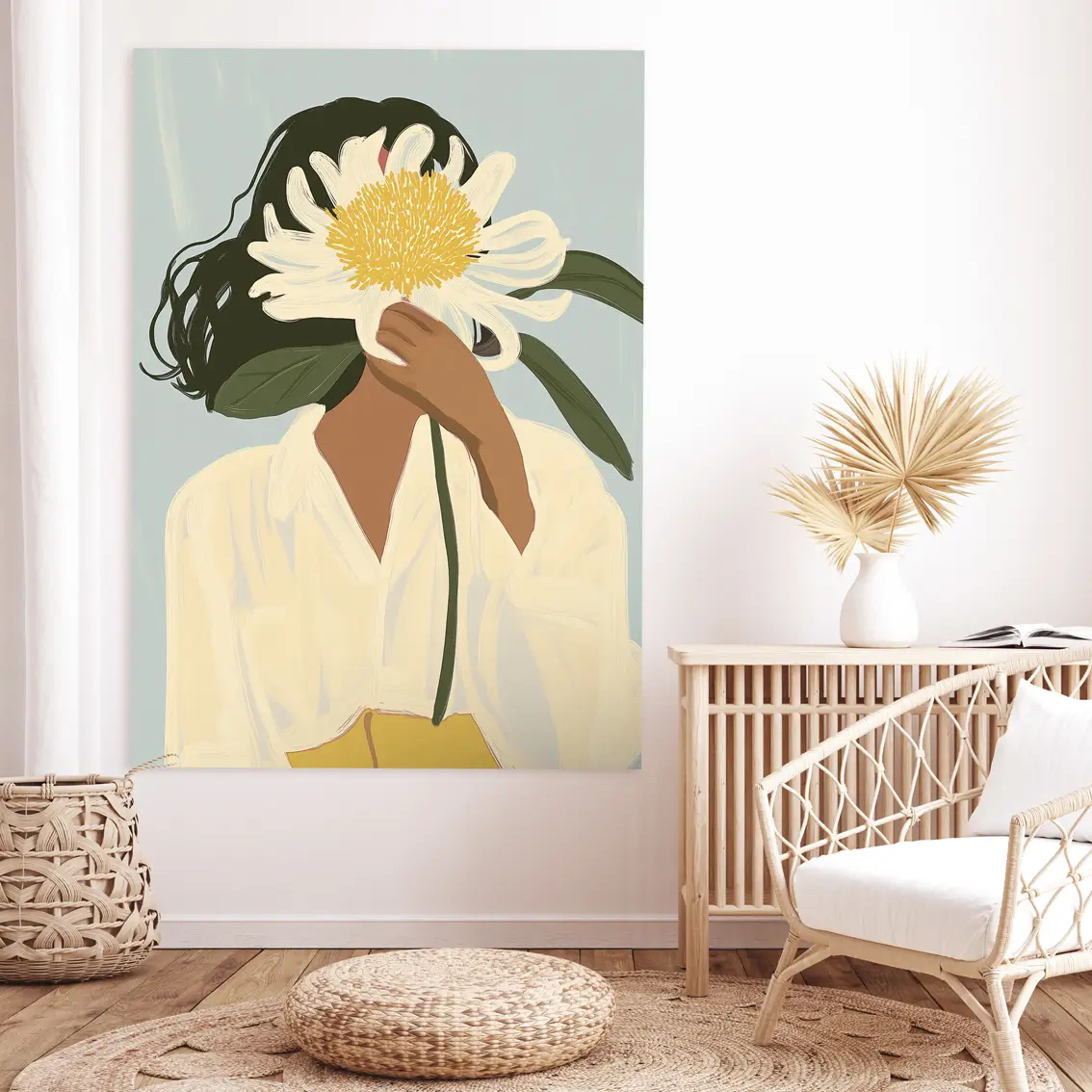 Canvas prints featuring a woman holding a white flower in soft tones. 