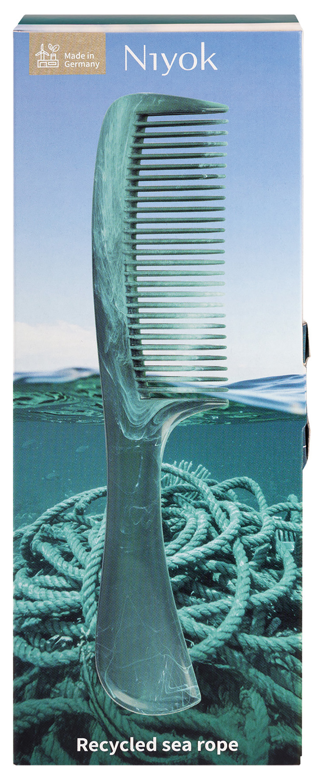 Niyok Handle Comb Big Recycled Sea Rope i sin förpackning
