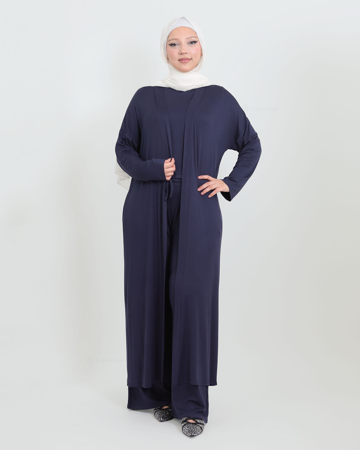 3-piece set with open abaya, top and trousers - Midnight Blue - 4